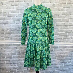 Vtg Handmade 60s 70s Pleated Dress Mod Psychedelic Op Art Retro Artsy Green S/M